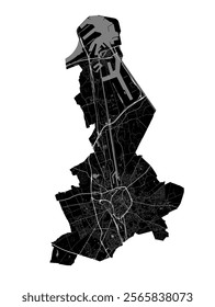 Map of Bruges, Belgium. Detailed city vector map, metropolitan area. Black and white streetmap with roads and water.