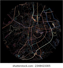 Map of Bruhl, North Rhine-Westphalia with all major and minor roads, railways and waterways. Colorful line art on black background.