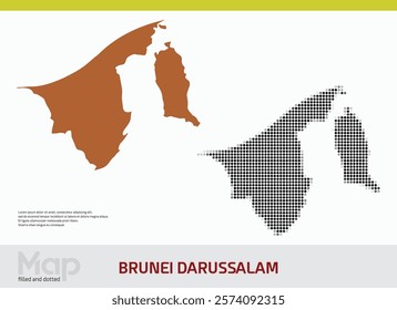 A map of Brunei Darussalam in dual designs, featuring brown-filled details and black abstract dotted patterns, isolated on a white background