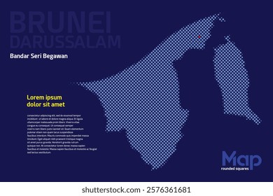 Map of Brunei Darussalam featuring rounded squares with light blue color. The name of the capital marked with a red square. Isolated on a dark blue background. Perfect for various design projects