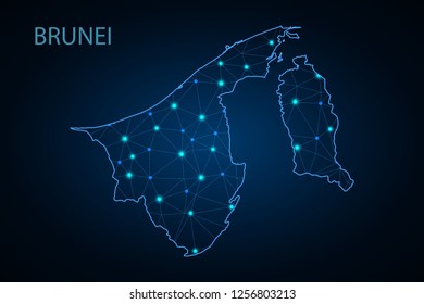 Map of Brunei Darussalam from Polygonal wire frame low poly mesh, contours network line, luminous space stars, design sphere, dot and structure. Vector Illustration EPS10. - Vector
