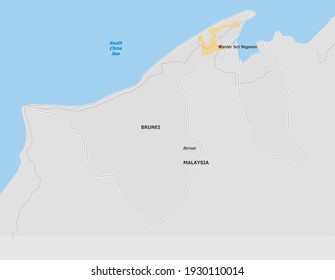 Mapa de Brunei. El mapa se dibuja con gran detalle y para mayor claridad sólo se muestran las principales ciudades. El país se dibuja con los países vecinos.