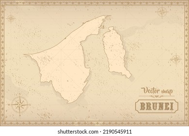 Map of Brunei in the old style, brown graphics in retro fantasy style