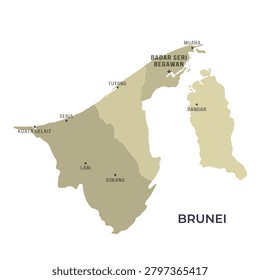 Map of BRUNEI with Regions Borders and Famous Cities