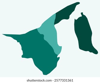 Map of Brunei with regions. Just a simple country border map with region division. Teal color palette. Plain Brunei shape with administrative division. Vector illustration.