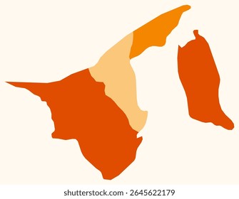 Map of Brunei with regions. Just a simple country border map with region division. Orange color palette. Plain Brunei shape with administrative division. Vector illustration.