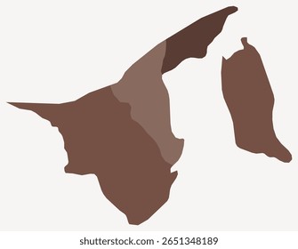 Map of Brunei with regions. Just a simple country border map with region division. Brown color palette. Flat Brunei shape with administrative division. Vector illustration.