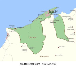 Map of Brunei. Shows country borders, urban areas, place names and roads. Labels in English where possible.Projection: Mercator.