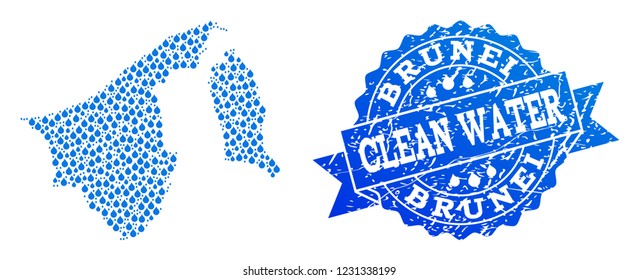 Map of Brunei vector mosaic and clean water grunge stamp. Map of Brunei designed with blue liquid raindrops. Seal with grunge rubber texture for clean drinking water.