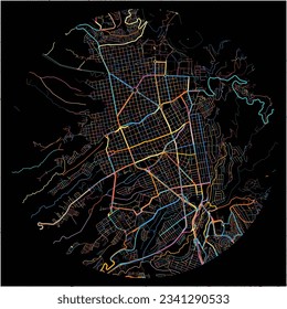 Map of Bucaramanga with all major and minor roads, railways and waterways. Colorful line art on black background.