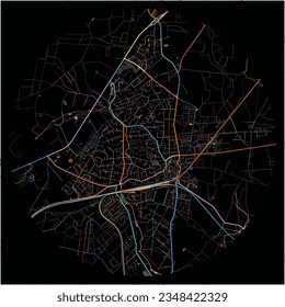 Map of BuchholzinderNordheide, Lower Saxony with all major and minor roads, railways and waterways. Colorful line art on black background.