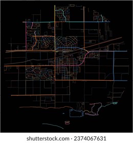 Map of Buckeye, Arizona with all major and minor roads, railways and waterways. Colorful line art on black background.
