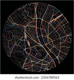 Map of Budapest, Budapest with all major and minor roads, railways and waterways. Colorful line art on black background.