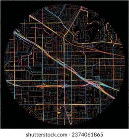 Map of BuenaPark, California with all major and minor roads, railways and waterways. Colorful line art on black background.