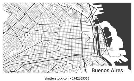 Map of Buenos Aires city, Argentina. Horizontal background map poster black and white land, streets and rivers. 1920 1080 proportions. Royalty free grayscale graphic vector illustration.