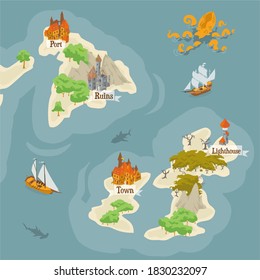 Map builder illusrations for fantasy and medieval cartography and adventure games, landmark scene mapped