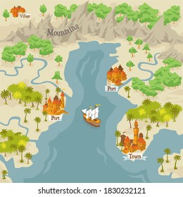 Map builder illusrations for fantasy and medieval cartography and adventure games, landmark scene mapped