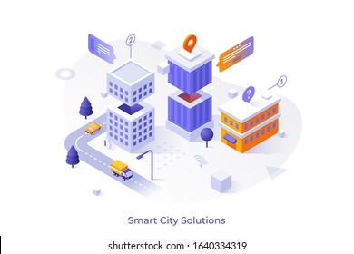 Map with buildings, automobiles riding along streets, location marks. Concept of modern city solutions, urban housing, residential district and infrastructure. Isometric colorful vector illustration.