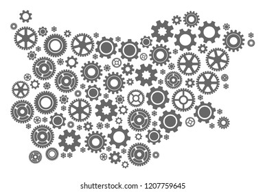 Map of Bulgaria formed with gray gear symbols. Vector abstract mosaic of map of Bulgaria with job symbols. Engineering flat design for factory projects.