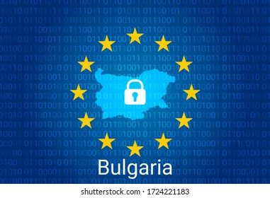 Map of Bulgaria, with lock and binary code background. europe union internet blocking, virus attack, privacy protect. vector illustration