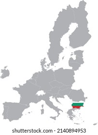 Map of Bulgaria with national flag within the gray map of European Union countries