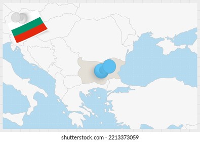 Map of Bulgaria with a pinned blue pin. Pinned flag of Bulgaria, vector illustration.