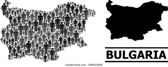 Map of Bulgaria for politics projects. Vector population abstraction. Abstraction map of Bulgaria combined of social icons. Demographic scheme in dark grey color tints.