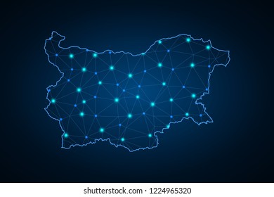 Map of Bulgaria from Polygonal wire frame low poly mesh, contours network line, luminous space stars, design sphere, dot and structure. Vector Illustration EPS10.