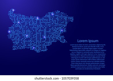 Map Bulgaria from printed board, chip and radio component with blue star space on the contour for banner, poster, greeting card, of vector illustration.