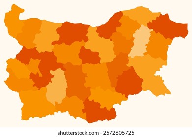 Map of Bulgaria with regions. Just a simple country border map with region division. Orange color palette. Flat Republic of Bulgaria shape with administrative division. Vector illustration.