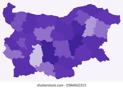 Map of Bulgaria with regions. Just a simple country border map with region division. Deep purple color palette. Flat Republic of Bulgaria shape with administrative division. Vector illustration.