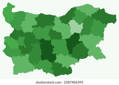 Map of Bulgaria with regions. Just a simple country border map with region division. Green color palette. Flat Republic of Bulgaria shape with administrative division. Vector illustration.