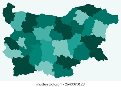 Map of Bulgaria with regions. Just a simple country border map with region division. Teal color palette. Flat Republic of Bulgaria shape with administrative division. Vector illustration.