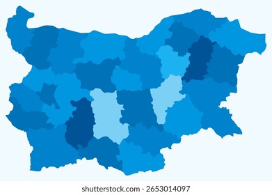 Map of Bulgaria with regions. Just a simple country border map with region division. Light blue color palette. Flat Republic of Bulgaria shape with administrative division. Vector illustration.