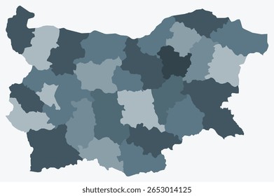 Map of Bulgaria with regions. Just a simple country border map with region division. Blue grey color palette. Blank Republic of Bulgaria shape with administrative division. Vector illustration.