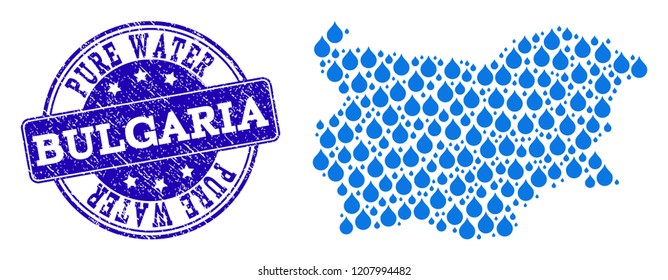 Map of Bulgaria vector mosaic and Pure Water grunge stamp. Map of Bulgaria designed with blue liquid raindrops. Seal with unclean rubber texture for pure drinking water.