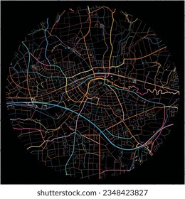 Map of Bunde, North Rhine-Westphalia with all major and minor roads, railways and waterways. Colorful line art on black background.