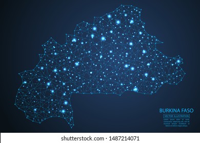 A map of Burkina Faso consisting of 3D triangles, lines, points, and connections. Vector illustration of the EPS 10.