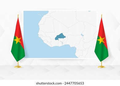 Map of Burkina Faso and flags of Burkina Faso on flag stand. Vector illustration for diplomacy meeting.