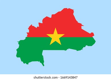 Map of Burkina Faso on a blue background, Flag of Burkina Faso on it.
