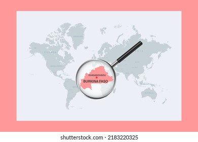 Map of Burkina Faso on political world map with magnifying glass