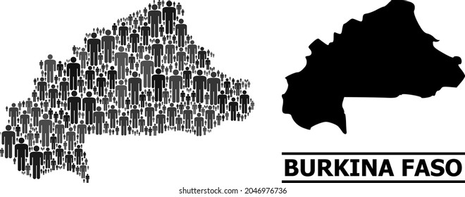 Map of Burkina Faso for politics proclamations. Vector population mosaic. Mosaic map of Burkina Faso organized of men icons. Demographic concept in dark gray color tinges.