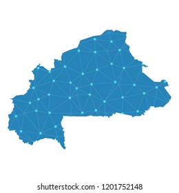 Map of Burkina Faso from Polygonal wire frame low poly mesh, contours network line, luminous space stars, design sphere, dot and structure. Vector Illustration EPS10.