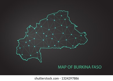 Map of Burkina Faso from Polygonal wire frame low poly mesh, contours network line, luminous space stars, design sphere, dot and structure. Vector Illustration EPS10. - Vector