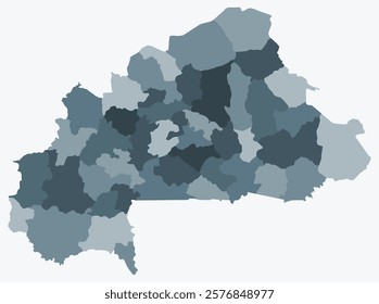 Map of Burkina Faso with regions. Just a simple country border map with region division. Blue grey color palette. Plain Burkina Faso shape with administrative division. Vector illustration.