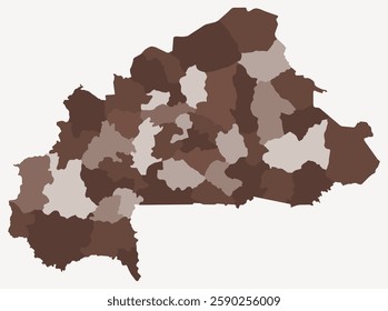 Map of Burkina Faso with regions. Just a simple country border map with region division. Brown color palette. Blank Burkina Faso shape with administrative division. Vector illustration.