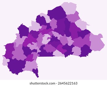 Map of Burkina Faso with regions. Just a simple country border map with region division. Purple color palette. Flat Burkina Faso shape with administrative division. Vector illustration.