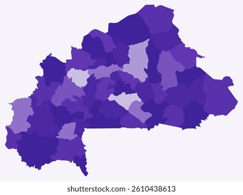 Map of Burkina Faso with regions. A simple country border map with regional divisions in a deep purple color palette. Flat design vector illustration.