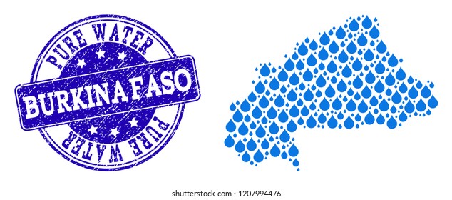 Map of Burkina Faso vector mosaic and Pure Water grunge stamp. Map of Burkina Faso designed with blue liquid raindrops. Seal with grunge rubber texture for clean drinking water.
