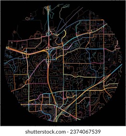 Map of Burnsville, Minnesota with all major and minor roads, railways and waterways. Colorful line art on black background.